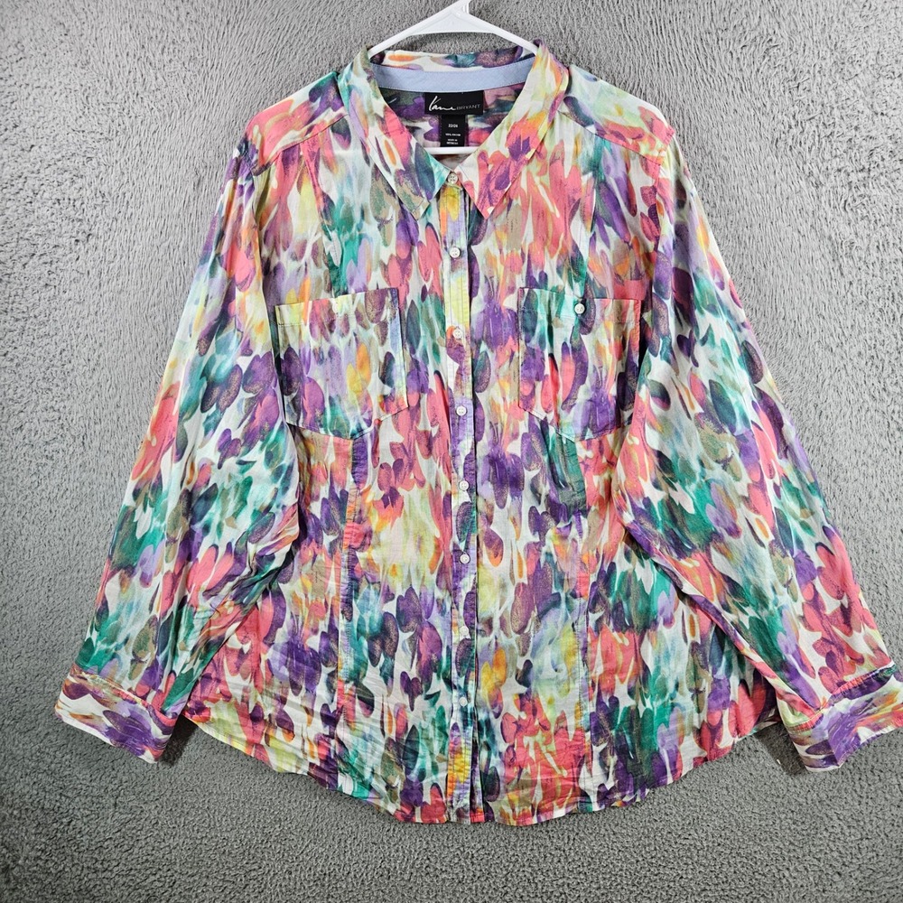 Lane Bryant Women 22/24 Cotton Button Down Shirt Abstract Floral Roll Tab Sleeve